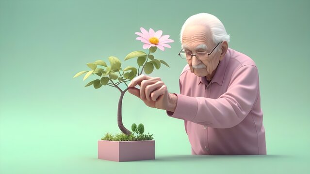 3d rendering of an old man touching the stem of a plant, illustration, generative AI