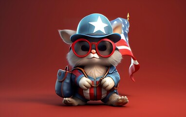 3d render cartoon celebrating America 4th July independence day, USA Flag, Hat and firecrackers