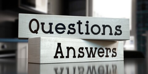 Questions, answers - words on wooden blocks - 3D illustration