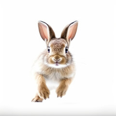 Adorable Cute Funny Baby Bunny Hare Rabbit Running Close Up Portrait Photo Illustration on White Background Nursery, Kids, Children's room, pediatric office Digital Wall Print Art Nature Generative AI