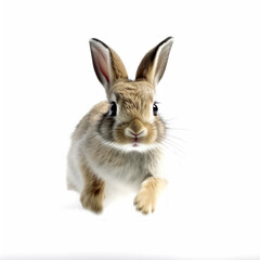 Adorable Cute Funny Baby Bunny Hare Rabbit Running Close Up Portrait Photo Illustration on White Background Nursery, Kids, Children's room, pediatric office Digital Wall Print Art Nature Generative AI