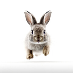 Fototapeta premium Adorable Cute Funny Baby Bunny Hare Rabbit Running Close Up Portrait Photo Illustration on White Background Nursery, Kids, Children's room, pediatric office Digital Wall Print Art Nature Generative AI
