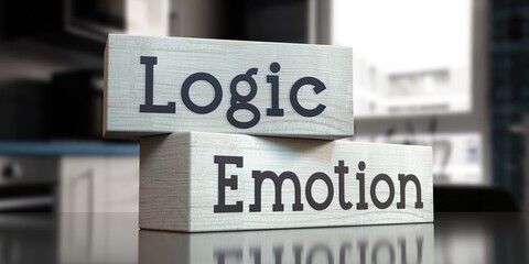 Emotion, logic - words on wooden blocks - 3D illustration