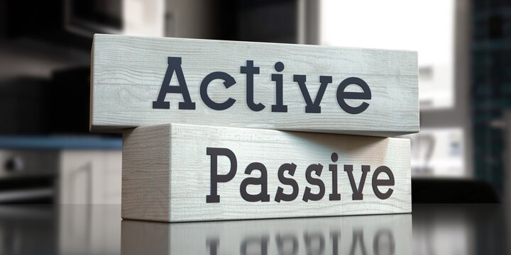 Active, passive - words on wooden blocks - 3D illustration