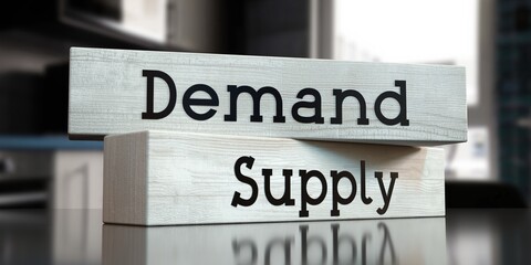 Demand, supply - words on wooden blocks - 3D illustration