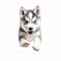 Obraz premium Adorable Cute Funny Baby Husky Puppy Dog Running Close Up Portrait Photo Illustration on White Background Nursery, Kid's, Children's room, pediatric office Digital Wall Print Art Nature Generative AI
