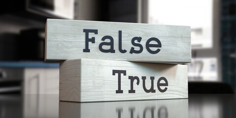 False, true - words on wooden blocks - 3D illustration