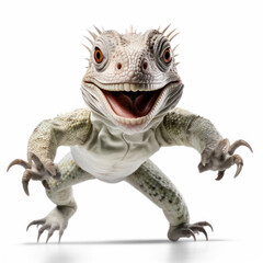 Obraz premium Adorable Cute Funny Baby Iguana Lizard Running Close Up Portrait Photo Illustration on White Background Nursery, Kid's, Children's room, pediatric office Digital Wall Print Art Nature Generative AI