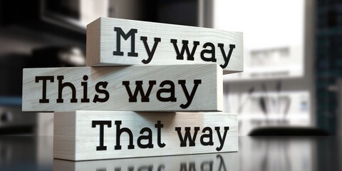 This way, that way, my way - words on wooden blocks - 3D illustration