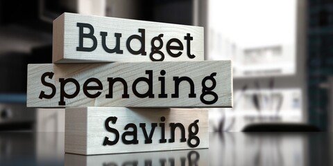 Budget, spending, saving - words on wooden blocks - 3D illustration