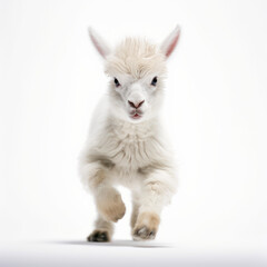 Obraz premium Adorable Cute Funny Baby Llama Animal Running Close Up Portrait Photo Illustration on White Background Nursery, Kid's, Children's room, pediatric office Digital Wall Print Art Nature Generative AI