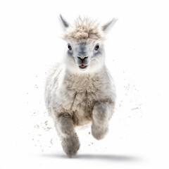 Fototapeta premium Adorable Cute Funny Baby Llama Animal Running Close Up Portrait Photo Illustration on White Background Nursery, Kid's, Children's room, pediatric office Digital Wall Print Art Nature Generative AI