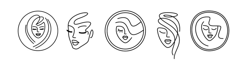 beautiful girl, thin line logos for a beauty salon. girl face - icons set.