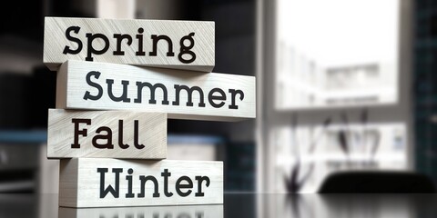 Spring, summer, fall, winter - words on wooden blocks - 3D illustration
