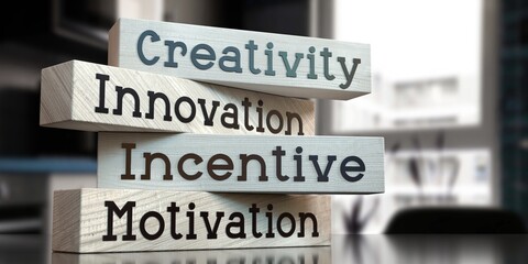 Creativity, innovation, incentive, motivation - words on wooden blocks - 3D illustration