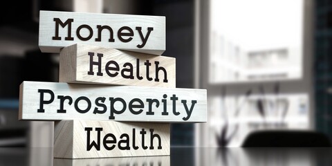 Money, health, prosperity, wealth - words on wooden blocks - 3D illustration