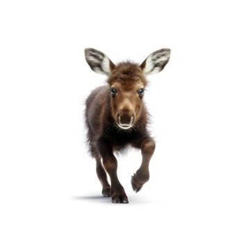 Adorable Cute Funny Baby Moose Animal Running Close Up Portrait Photo Illustration on White Background Nursery, Kid's, Children's room, pediatric office Digital Wall Print Art Nature Generative AI