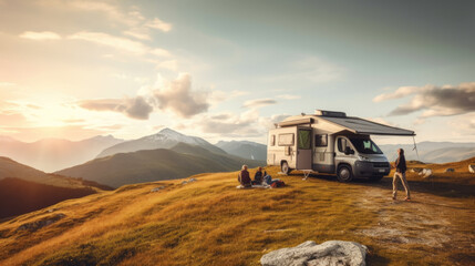 a camper van in the mountains in summer. outdoor nature vacation concept. Generative AI - obrazy, fototapety, plakaty