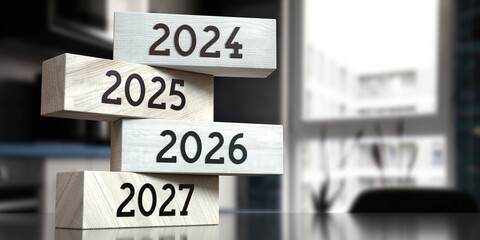 2024, 2025, 2026, 2027 - words on wooden blocks - 3D illustration