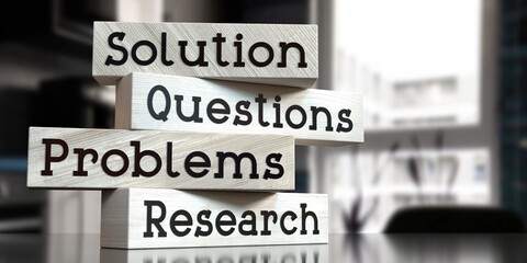 Solution, questions, problems, research - words on wooden blocks - 3D illustration