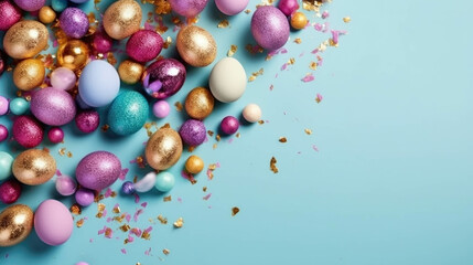 Obraz premium brightly colored easter eggs isolated on blue background. Generative AI