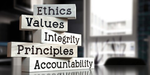 Ethics, values, integrity, principles, accountability - words on wooden blocks - 3D illustration