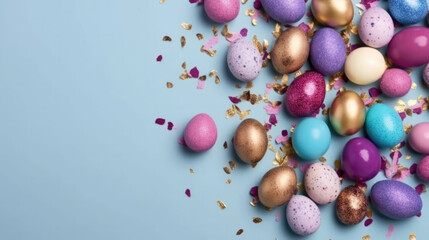 brightly colored easter eggs isolated on blue background. Generative AI