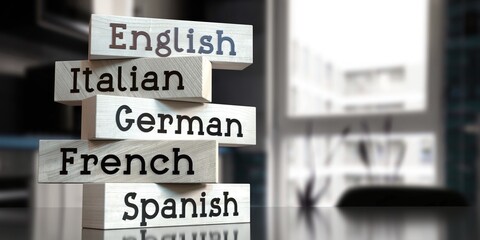 English, Italian, German, French, Spanish - words on wooden blocks - 3D illustration