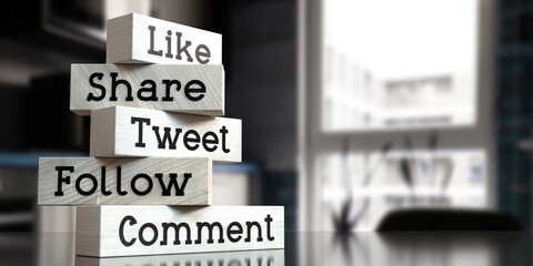 Like, share, tweet, follow, comment - words on wooden blocks - 3D illustration