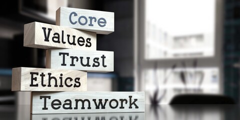 Core, values, trust, ethics, teamwork - words on wooden blocks - 3D illustration