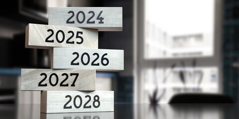 2024, 2025, 2026, 2027, 2028 - words on wooden blocks - 3D illustration