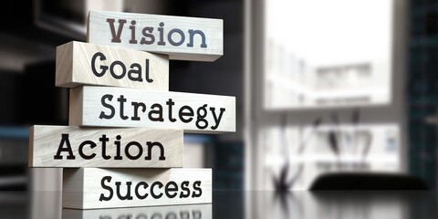 Vision, goal, strategy, action, success - words on wooden blocks - 3D illustration
