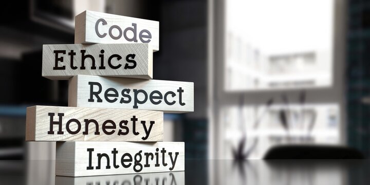 Code, ethics, respect, honesty, integrity - words on wooden blocks - 3D illustration