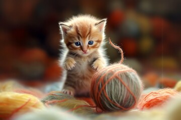 A cute kitten plays with a ball of thread. AI generated, human enhanced