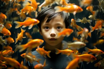 The boy looks into the aquarium. AI generated, human enhanced.