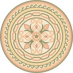 Mosaic circular ornament with floral motifs in soft pink and green colors. For ceramics, tiles, ornaments, backgrounds and other projects. © Olga