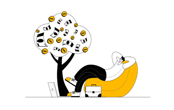 A Man Sitting With A Laptop. The Character Is Admiring His Money Tree. Vector Illustration. Passive Income.