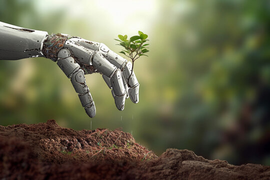 Robotic hands planting a tree in a fertile soil. Future and agricultural change concept. Generative AI