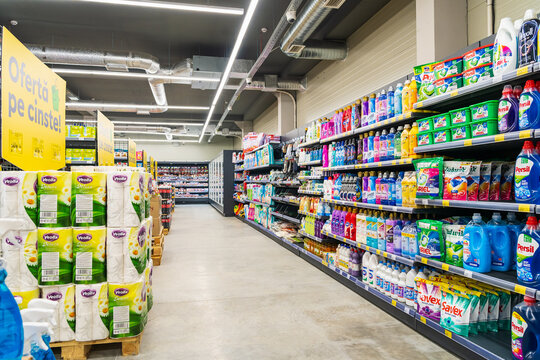 Wide aisles of a supermarket with selective focus. April 13, 2023 Balti, Moldova. Illustrative editorial.