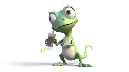 Fototapeta na wymiar drunk lizard in style of Disney Pixar movie, Pets movie, cute character, white background, high quality, cute