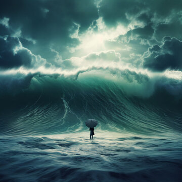 An ai-generated image of a tiny man defiantly standing against the colossal might of a giant wave. The power of mindfulness in navigating life's challenges with grace and resilience.Strenght of spirit
