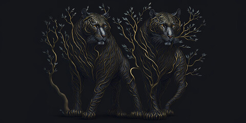 Black gold Tiger Tree Roots full body Generative AI