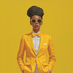 Portrait of an androgynous black women wearing a yellow suit, Stylish Imagery: Black Woman’s Fashion and Identity in Unique Artistic Design, AI generated