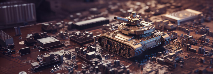 closeup on a military tank on a powerful computer board for AI taking control over war concept or race on manufacturing micro chips as wide banner design with copy space area - Generative AI