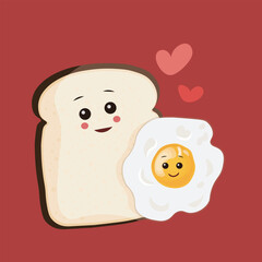 Kawaii Cute Fried Egg And Bread for Breakfast Time,  vector Illustration.