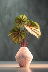Realistic photo of a Tropical plant in a marble vase. with natural light condition.