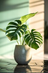 Realistic photo of a Tropical plant in a marble vase. with natural light condition.