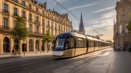 a modern tram drives through a historic part of the city. city trip concept. Generative AI
