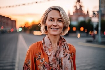 Smiling attractive beautiful caucasian mature woman posing in the street looking at the camera 