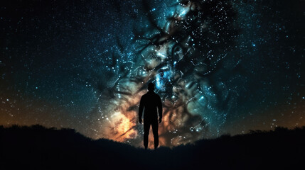 a silhouette of a man in the background you can see the universe with the milky way galaxy. Generative AI